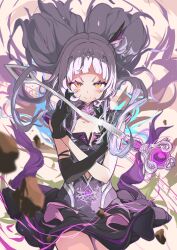 Rule 34 | 1girl, absurdres, black dress, black gloves, blush, dress, elbow gloves, gloves, grey hair, harapeko zombie inu, highres, hololive, long hair, looking at viewer, murasaki shion, smile, solo, virtual youtuber, wand, yellow eyes