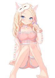 Rule 34 | 1girl, absurdres, animal ears, arm support, asymmetrical bangs, barefoot, blonde hair, blue bow, blue eyes, blue hair, blush, bow, braid, braided bangs, breasts, bridal garter, cameltoe, cardigan, cat ears, cat girl, choker, clenched hands, closed mouth, collarbone, crystal, feet, female focus, forehead, frilled shirt, frilled shorts, frills, gem, green bow, green hair, hair bow, half-closed eyes, hand up, happy, highres, indie virtual youtuber, karmq, knees together feet apart, knees up, long hair, long sleeves, looking at viewer, mask, mask on head, medium breasts, multicolored hair, off-shoulder cardigan, open cardigan, open clothes, pajamas, paw print, peach2d, pink cardigan, pink pajamas, pink shirt, pink shorts, red bow, red gemstone, red hair, shirt, short shorts, shorts, sidelocks, simple background, single braid, sitting, sleep mask, sleeveless, sleeveless shirt, smile, solo, streaked hair, virtual youtuber, wavy hair, white background, white choker