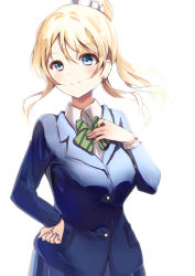 Rule 34 | 1girl, artist name, artist request, ayase eli, black jacket, blonde hair, blue cardigan, blue eyes, blue jacket, blue skirt, blush, bow, bowtie, breasts, cardigan, checkered clothes, checkered skirt, collared shirt, female focus, floating hair, green bow, hair between eyes, hair ornament, hair scrunchie, hand on own hip, high ponytail, highres, jacket, long hair, long sleeves, looking at viewer, love live!, love live! school idol project, medium breasts, miniskirt, natsume suzuri, otonokizaka school uniform, parted lips, plaid, plaid skirt, pleated, pleated skirt, ponytail, school uniform, scrunchie, shirt, short hair, short sleeves, skirt, smile, solo, striped, striped bow, white background, white scrunchie, white shirt