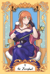Rule 34 | 1girl, absurdres, armchair, black gloves, blue dress, blush, breasts, cape, chair, cleavage, cloak, collarbone, dress, english text, flower, fur, fur cape, girls&#039; frontline, gloves, green eyes, hair flower, hair ornament, hand on headset, highres, huge filesize, long hair, looking at viewer, medium breasts, official alternate costume, open mouth, orange hair, rod, scepter, simple background, sitting, sitting on object, solo, springfield (girls&#039; frontline), springfield (queen in radiance) (girls&#039; frontline), stigmamyu, tarot, tarot (medium), the hierophant (tarot)
