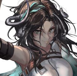 Rule 34 | 1girl, arknights, bare shoulders, black hair, breasts, commentary request, etobane, grey eyes, highres, horns, large breasts, long hair, looking at viewer, shirt, sleeveless, sleeveless shirt, smile, solo, upper body, white background, white shirt, wind chimes (arknights)