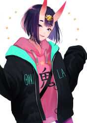 Rule 34 | 1girl, absurdres, black jacket, blush, bob cut, bonkithy, breasts, choker, contemporary, drawstring, eyeliner, fate/grand order, fate (series), headpiece, highres, hood, hooded jacket, hooded sweater, horns, jacket, long sleeves, looking at viewer, makeup, oni, open clothes, open jacket, open mouth, pink sweater, purple eyes, purple hair, short hair, shuten douji (fate), shuten douji (under the same sky) (fate), simple background, skin-covered horns, small breasts, smile, star (symbol), sweater, under the same sky, white background