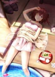 Rule 34 | 2girls, ;o, arm up, bandaid, bandaid on knee, bandaid on leg, bare shoulders, blanket, blush, brown hair, collarbone, day, dress, food, fruit, green eyes, hair bobbles, hair ornament, kurumi (suien), lying, multiple girls, on back, one eye closed, original, out of frame, outdoors, partially submerged, paw print, salt shaker, seiza, short dress, sitting, sleeveless, sleeveless dress, solo focus, striped legwear, suien, sundress, thighhighs, tray, twintails, two side up, wading pool, water, water balloon, watermelon