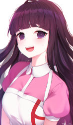 Rule 34 | 1girl, :d, absurdres, apron, bandages, blunt bangs, blush, breasts, collared shirt, commentary request, danganronpa (series), danganronpa 2: goodbye despair, dd 0000, highres, long hair, looking at viewer, medium breasts, mole, mole under eye, nurse, open mouth, puffy short sleeves, puffy sleeves, purple eyes, purple hair, shirt, short sleeves, simple background, smile, solo, tears, teeth, tsumiki mikan, twitter username, upper body, white apron, white background