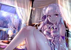 Rule 34 | 10s, 2girls, absurdres, bare legs, bare shoulders, bed, blue hair, blunt bangs, braid, breasts, canopy bed, city lights, cleavage, crown braid, detached sleeves, dress, elf, emilia (re:zero), eyebrows, flower, french braid, gem, gou d, hair flower, hair ornament, hair ribbon, highres, indoors, jewelry, knees up, light particles, long hair, looking at viewer, maid, maid headdress, medium breasts, mini person, minigirl, multiple girls, on bed, pendant, pointy ears, purple eyes, purple ribbon, re:zero kara hajimeru isekai seikatsu, rem (re:zero), ribbon, silver hair, sitting, sleeveless, sleeveless dress, smile, white dress, window