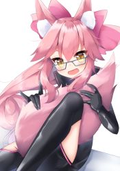 Rule 34 | 1girl, aged down, akimiya yamiku, animal ear fluff, animal ears, black bodysuit, blush, bodysuit, bow, breasts, fate/grand order, fate (series), fox ears, fox girl, fox tail, glasses, hair between eyes, hair bow, highres, hip vent, hugging own tail, hugging tail, knee up, koyanskaya (fate), long hair, looking at viewer, open mouth, pink bow, pink hair, ponytail, sidelocks, sitting, small breasts, smile, solo, tail, tamamo (fate), thighs, yellow eyes