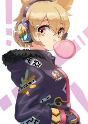 Rule 34 | 1girl, adapted costume, breasts, brown eyes, blowing bubbles, chewing gum, coat, earmuffs, from side, fur trim, hair between eyes, hands in pockets, hashiro, hood, hoodie, light brown hair, medium breasts, pointy hair, purple coat, purple hoodie, short hair, simple background, solo, touhou, toyosatomimi no miko, upper body, white background, zipper pull tab