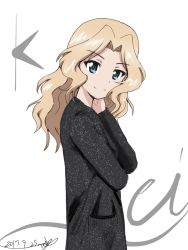 Rule 34 | 10s, 1girl, arm grab, black coat, blonde hair, blue eyes, bukkuri, casual, character name, character signature, closed mouth, coat, dated, from side, girls und panzer, hair intakes, hand on own neck, kay (girls und panzer), long hair, long sleeves, looking at viewer, signature, simple background, smile, solo, standing, upper body, white background