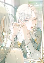 Rule 34 | 1boy, absurdres, adjusting earrings, bishounen, blue eyes, earrings, full-length mirror, girly boy, grey hair, highres, jewelry, lens flare, long hair, looking at viewer, male focus, mirror, mirror image, original, piercing, putting on jewelry, reflection, rimei1226, ring, sleeve cuffs, solo, white hair