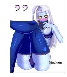 Rule 34 | 1girl, absurdres, ahoge, alternate costume, ass, bare shoulders, blue skin, blush, bra, breasts, cameltoe, cleavage, colored sclera, colored skin, dullahan, feet out of frame, female focus, groin, hand up, hetero, highres, japanese text, knee up, lace, lace-trimmed legwear, lace trim, lala (monster musume), large breasts, leaning back, leg up, legs, lingerie, long hair, looking away, lying, midriff, monster girl, monster musume no iru nichijou, panties, purple bra, purple panties, scarf, shiny clothes, shiny skin, sidelocks, silver hair, simple background, solo, thighhighs, thighs, underwear, underwear only, yellow eyes