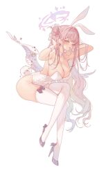 1girl absurdres angel_wings animal_ears blue_archive blush breasts cleavage commentary covered_navel crossed_legs feathered_wings flower hair_bun hair_ornament halo high_heels highres huge_breasts invisible_chair large_breasts leotard long_hair looking_at_viewer low_wings mika_(blue_archive) pale_color pink_hair pink_halo playboy_bunny rabbit_ears rabbit_tail single_side_bun sitting skindentation smile solo tail thighhighs torano white_background white_leotard white_theme white_thighhighs white_wings wing_ornament wings yellow_eyes