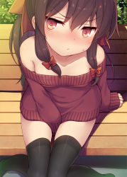 Rule 34 | 1girl, bare shoulders, bench, between legs, black thighhighs, blush, bow, breasts, brown hair, dress, foreshortening, from above, hair bow, hakurei reimu, hand between legs, knees together feet apart, long hair, looking at viewer, looking up, minamura haruki, red eyes, shirt tug, sidelocks, sitting, sleeves past wrists, small breasts, solo, sweatdrop, sweater, sweater dress, thighhighs, touhou