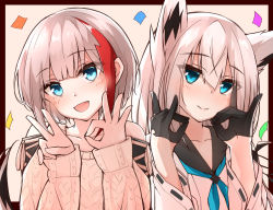 Rule 34 | 2girls, :d, admiral graf spee (azur lane), admiral graf spee (peaceful daily life) (azur lane), animal ears, aqua eyes, azur lane, black gloves, black hair, blush, border, brown border, commentary request, detached sleeves, eyes visible through hair, fox ears, fox shadow puppet, gloves, highres, hime cut, kawakaze (azur lane), lips, long hair, long sleeves, looking at viewer, multicolored hair, multiple girls, neckerchief, ok sign, open mouth, red hair, ryou (ryo 217cafe), sidelocks, simple background, smile, tail, upper body, v, white background, white hair