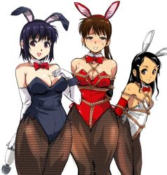 Rule 34 | 3girls, animal ears, arms behind back, bdsm, black hair, blue haired girl (kamisimo 90), blush, bondage, bound, breasts, brown eyes, brown hair, rabbit ears, cleavage, commentary request, elbow gloves, fake animal ears, fishnet legwear, fishnets, gloves, grin, hitachi magic wand, kamisimo 90, large breasts, long hair, multiple girls, open mouth, original, pantyhose, playboy bunny, ponytail girl (kamisimo 90), sex toy, shibari, shibari over clothes, short hair, small breasts, smile, sweat, tanned girl (kamisimo 90), vibrator, white background, white gloves, wrist cuffs