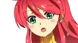 Rule 34 | 1girl, :o, animated, animated gif, blush, circlet, earrings, gorget, green eyes, jewelry, long hair, meteoride, open mouth, pyrrha nikos, red hair, rwby, simple background, turtleneck, upper body, white background