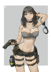 Rule 34 | 1girl, absurdres, bandeau, black hair, blue eyes, blunt bangs, border, breasts, cleavage, commission, cowboy shot, cuffs, grey background, gun, handcuffs, highres, large breasts, long hair, navel, second-party source, shiny skin, short shorts, shorts, skindentation, strapless, sudden attack, thigh strap, tube top, weapon, white border, youzu (youzuyozu)