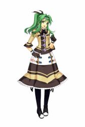 Rule 34 | 1girl, :d, atelier (series), atelier lise, black thighhighs, blue eyes, boots, circlet, dress, female focus, flat chest, frilled skirt, frills, gem, gloves, green eyes, green hair, gust, hair between eyes, hair ribbon, twirling hair, hairband, high ponytail, hilda (atelier), long hair, long skirt, looking at viewer, matching hair/eyes, necktie, official art, open mouth, pleated skirt, ponytail, ribbon, sidelocks, simple background, skirt, smile, solo, standing, strap, thigh boots, thighhighs, turtleneck, watanuki nao, white background