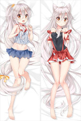 Rule 34 | 10s, 1girl, ahoge, animal ears, bakugadou, bare arms, bare legs, barefoot, bed sheet, blue skirt, blush, bow, breasts, brown eyes, chiya (urara meirochou), collarbone, dakimakura (medium), full body, hair between eyes, hair bobbles, hair bow, hair down, hair ornament, knees together feet apart, long hair, looking at viewer, lying, midriff, miniskirt, multiple views, navel, no bra, on back, open mouth, parted lips, pleated skirt, ponytail, red skirt, see-through, shirt, sidelocks, skirt, sleeveless, small breasts, smile, stomach, striped bow, striped clothes, striped shirt, thigh gap, urara meirochou, very long hair, white hair, yellow bow