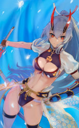Rule 34 | 1girl, armpits, belt, bikini, black horns, blue background, blue hair, blue sky, bow, breasts, cleavage, commentary, ev (dai00888), fate/grand order, fate (series), fingerless gloves, fire, frilled thighhighs, frills, front-tie top, gloves, grey hair, hair between eyes, hand guard, highres, holding, holding sword, holding weapon, horns, katana, knotted rope, large breasts, legs apart, long hair, looking at viewer, midriff, mitsudomoe (shape), multicolored eyes, multicolored horns, navel, ponytail, red bow, red eyes, red horns, red ribbon, ribbon, scabbard, see-through, see-through sleeves, sheath, short sleeves, sky, slit pupils, smile, solo, sparkle, standing, swimsuit, sword, thigh strap, thighhighs, thighs, tomoe (symbol), tomoe gozen (fate), tomoe gozen (swimsuit saber) (fate), tomoe gozen (swimsuit saber) (third ascension) (fate), two-tone horns, very long hair, water drop, weapon, white hair, white thighhighs, zipper
