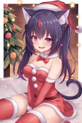 Rule 34 | 1girl, :d, absurdres, animal ears, belt, black hair, bow, bowtie, brown belt, cat ears, cat girl, christmas tree, commentary request, covered navel, dress, elbow gloves, fang, gloves, hat, highres, kazuneko-chan, kazuneko (wktk1024), long hair, multicolored hair, open mouth, original, purple eyes, red bow, red bowtie, red dress, red gloves, red hair, red hat, red thighhighs, santa dress, santa gloves, santa hat, sitting, smile, solo, standing, streaked hair, thighhighs, twintails