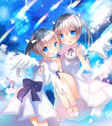 Rule 34 | 2girls, :d, blue eyes, blue sky, blush, bow, cloud, commentary request, dress, hair between eyes, head tilt, highres, index finger raised, kohaku muro, light brown hair, looking at viewer, multiple girls, open mouth, original, own hands clasped, own hands together, puffy short sleeves, puffy sleeves, purple bow, shoes, short sleeves, sitting, sky, smile, standing, twintails, twitter username, white dress, white footwear, wing hair ornament