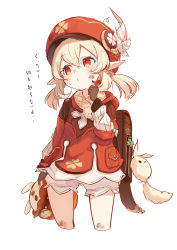 Rule 34 | 1girl, ahoge, backpack, bag, blonde hair, blush, brat (brabrabrat00), breasts, brown gloves, cabbie hat, child, dress, genshin impact, gloves, hat, hat feather, highres, klee (genshin impact), long sleeves, looking to the side, low twintails, medium hair, pointy ears, red dress, red eyes, red hat, sidelocks, small breasts, thighs, translation request, twintails