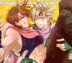 Rule 34 | 2boys, :q, abs, blonde hair, blush, brown hair, caesar anthonio zeppeli, carrying, crop top, facial mark, feather hair ornament, feathers, fingerless gloves, gloves, green eyes, hair ornament, headband, jojo no kimyou na bouken, joseph joestar, joseph joestar (young), midriff, multiple boys, one eye closed, ormg116, pink scarf, princess carry, scarf, tongue, tongue out, v, wink
