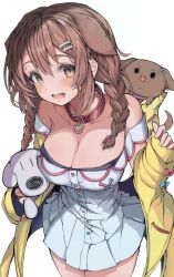 Rule 34 | 1girl, :d, animal ears, bare shoulders, blush, bone hair ornament, braid, breasts, brown eyes, brown hair, brown tail, cleavage, collar, collarbone, dog ears, dog girl, dress, duplicate, extra ears, fang, floppy ears, from above, hair ornament, highres, hololive, hoso-inu, inugami korone, inugami korone (1st costume), inugami korone (dog), jacket, kokutamotsu, large breasts, long hair, looking at viewer, low twin braids, off shoulder, open mouth, red socks, simple background, sleeves past wrists, smile, socks, solo, teeth, tongue, twin braids, virtual youtuber, white background, white dress