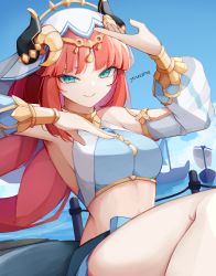 Rule 34 | 1girl, absurdres, aqua eyes, bare shoulders, blue sky, breasts, brooch, cloud, commentary, crop top, day, english commentary, genshin impact, highres, horns, jewelry, large breasts, long hair, long sleeves, looking at viewer, midriff, nilou (genshin impact), red hair, sitting, sky, smile, solo, stomach, thighs, veil, very long hair, yuu azma