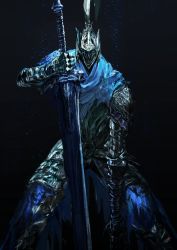 Rule 34 | 1boy, armor, artorias the abysswalker, black background, blue capelet, breastplate, capelet, commentary request, cowboy shot, dark souls (series), dark souls i, faceless, faceless male, facing viewer, faulds, full armor, gauntlets, greatsword, greaves, helmet, highres, holding, holding sword, holding weapon, knight, light particles, male focus, mrpk, pauldrons, planted, planted sword, planted weapon, plume, shoulder armor, solo, standing, sword, waist cape, weapon