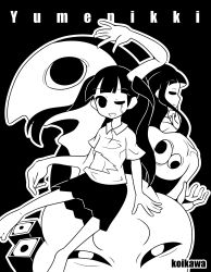 Rule 34 | 2girls, barefoot, black background, blunt bangs, closed eyes, collared shirt, commentary request, copyright name, extra arms, fisheye, greyscale, highres, koikawa hayato, long hair, looking at viewer, monochrome, monoe, monoko, monster, multiple girls, no nose, one eye closed, open mouth, original, shirt, short sleeves, skirt, strabismus, twintails, wall-eyed, yume nikki, yume nikki dream diary