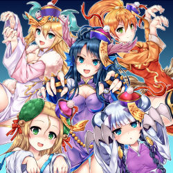 Rule 34 | 5girls, blonde hair, blue eyes, blush, bow, braid, breasts, china dress, chinese clothes, claw (weapon), cleavage, double bun, dragon girl, dragon horns, dress, fins, fur trim, green eyes, hair between eyes, hair bow, hair bun, hair ornament, haku (p&amp;d), halloween, hat, head fins, highres, horns, jiangshi, karin (p&amp;d), leilan (p&amp;d), long hair, medium breasts, meimei (p&amp;d), multicolored hair, multiple girls, off shoulder, ofuda, open mouth, orange hair, outstretched arms, purple hair, puzzle &amp; dragons, qingdai guanmao, sakuya (p&amp;d), samoore, shaded face, side ponytail, small breasts, smile, spiked knuckles, turtle shell, twin braids, two-tone hair, weapon, wings, zombie pose