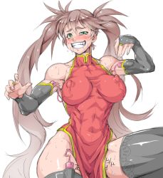 Rule 34 | 1girl, abs, ahegao, bare shoulders, black thighhighs, blush, breasts, bridal gauntlets, brown hair, china dress, chinese clothes, covered navel, dress, elbow gloves, fang, female focus, fucked silly, gloves, green eyes, guilty gear, highleg, impossible clothes, impossible dress, kuradoberi jam, large breasts, long hair, muscular, muscular female, nipple stimulation, no panties, ouka (oukakaka), pelvic curtain, red dress, remote control vibrator, sex toy, skin tight, solo, tears, teeth, thighhighs, twintails, very long hair, vibrator, vibrator in thighhighs, vibrator on nipple, vibrator under clothes, wide sleeves