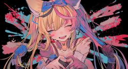Rule 34 | 1girl, animal ears, black hair, blonde hair, blue bow, blue nails, bow, breasts, chimera (vocaloid), cleavage, closed eyes, extra arms, facing viewer, fox ears, hair bow, hands on own shoulders, hands up, heart, heart hands, highres, holding, holding hair, hololive, kakult2017, long hair, long sleeves, makeup, microphone, multicolored hair, multicolored nails, nail polish, official art, omaru polka, open mouth, pink hair, red nails, sharp teeth, smile, solo, teeth, twintails, upper body, virtual youtuber, vocaloid, wrist cuffs