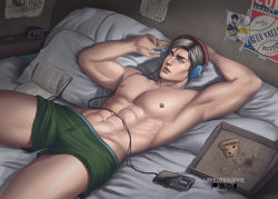Rule 34 | 1boy, abs, artist name, bara, bed, blonde hair, blue eyes, book, boxer briefs, erwin smith, food, green male underwear, headphones, large pectorals, levi (shingeki no kyojin), lying, male focus, male underwear, muscular, muscular male, navel, nipples, on back, on bed, open book, parted lips, pectorals, phone, pillow, pizza, pizza box, shingeki no kyojin, short hair, solo, underwear, urielbeaupre15