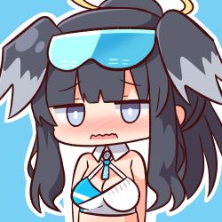 Rule 34 | 1girl, animal ears, bare shoulders, black hair, blue archive, blue background, blue eyes, blunt bangs, blush, breasts, character name, cheerleader, cleavage, commentary request, goggles, goggles on head, halo, hana kazari, hibiki (blue archive), hibiki (cheer squad) (blue archive), highres, looking at viewer, medium breasts, millennium cheerleader outfit (blue archive), nose blush, open mouth, outline, ponytail, sidelocks, simple background, solo, upper body, wavy mouth, white outline