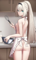 Rule 34 | 1girl, absurdres, an-94 (girls&#039; frontline), apron, aqua eyes, ass, back, bare arms, bare shoulders, blonde hair, braid, breasts, closed mouth, commission, covered erect nipples, cowboy shot, frilled apron, frills, from behind, girls&#039; frontline, hair between eyes, hairband, highres, holding, holding utensil, holding whisk, indoors, long hair, looking at viewer, looking back, medium breasts, naked apron, ponytail, sideboob, sidelocks, skeb commission, solo, standing, very long hair, whisk, white apron, yakob labo