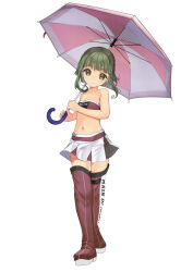 1girl absurdres alternate_costume bandeau bare_shoulders blue_bow blue_bowtie bow bowtie breasts commentary_request full_body green_hair highres kantai_collection midriff multiple_views navel purple_bandeau purple_thighhighs race_queen short_hair short_hair_with_long_locks simple_background skirt small_breasts smile takanami_(kancolle) thighhighs umbrella white_background white_skirt yashin_(yasinz) yellow_eyes