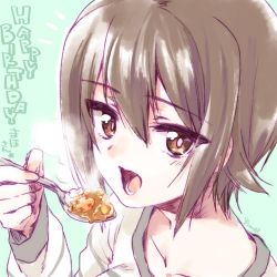 Rule 34 | 1girl, artist name, brown eyes, brown hair, casual, character name, commentary, curry, curry rice, eating, english text, food, girls und panzer, grey shirt, happy birthday, highres, holding, holding spoon, kuroi mimei, long sleeves, looking at viewer, nishizumi maho, open mouth, rice, shirt, short hair, signature, solo, spoon, steam, striped clothes, striped shirt, translated