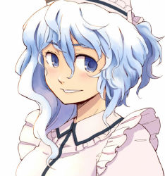 Rule 34 | 1girl, alternate hair length, alternate hairstyle, blue eyes, blue hair, daitai konna kanji, female focus, frills, hat, light smile, looking at viewer, matching hair/eyes, merlin prismriver, parted lips, ponytail, portrait, simple background, solo, touhou, wavy hair, white background