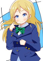 Rule 34 | 1girl, absurdres, alternate hairstyle, artist name, artist request, ayase eli, black jacket, blonde hair, blue cardigan, blue eyes, blue jacket, blush, bow, bowtie, breasts, cardigan, clenched hand, collared shirt, female focus, floating hair, green bow, hair between eyes, hair ornament, hair scrunchie, highres, jacket, long hair, long sleeves, looking at viewer, love live!, love live! school idol project, otonokizaka school uniform, parted lips, school uniform, scrunchie, shirt, short hair, short sleeves, small breasts, smile, solo, striped, striped bow, upper body, v, white scrunchie, white shirt