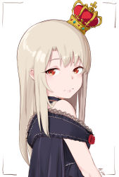 Rule 34 | 1girl, absurdres, alternate costume, bare shoulders, blush, commentary request, crown, face, fate/kaleid liner prisma illya, fate/stay night, fate (series), flower, from side, frown, highres, illyasviel von einzbern, long hair, looking at viewer, pear sauce, red eyes, red flower, solo