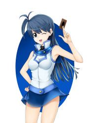 Rule 34 | 1girl, ;d, armpits, black eyes, blue background, blue hair, blue skirt, breasts, card, cowboy shot, duel academy uniform (yu-gi-oh! gx), floating hair, hand on own hip, highres, holding, holding card, jacket, kuchinawa (skyks), kylie (yu-gi-oh!), long hair, looking at viewer, medium breasts, miniskirt, one eye closed, open mouth, pencil skirt, skirt, sleeveless, sleeveless jacket, smile, solo, standing, thigh gap, two-tone background, white background, white jacket, yu-gi-oh!, yu-gi-oh! duel links, yu-gi-oh! gx