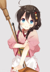 Rule 34 | 10s, 1girl, adjusting clothes, ahoge, apron, bamboo broom, black hair, blue eyes, blush, braid, broom, closed mouth, commentary request, cowboy shot, fingernails, flat chest, frilled apron, frills, grey background, hair between eyes, hair flaps, hair ornament, hair over shoulder, head tilt, holding, japanese clothes, jewelry, kantai collection, kimono, long hair, looking at viewer, naoto (tulip), pink kimono, ring, shigure (kancolle), shigure kai ni (kancolle), sidelocks, simple background, single braid, sketch, sleeves pushed up, smile, solo, tasuki, waist apron, wedding band, white apron, wide sleeves