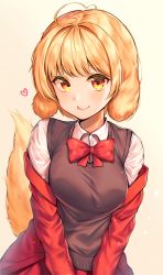 Rule 34 | 1girl, :p, ahoge, bad id, bad pixiv id, blonde hair, blush, bow, bowtie, breasts, character request, collared shirt, commentary request, copyright request, dog girl, dog tail, eyelashes, heart, highres, long sleeves, looking at viewer, medium breasts, naingnaing, red bow, red bowtie, shirt, short hair, simple background, smile, solo, tail, tongue, tongue out, white background, white shirt, yellow eyes