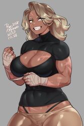 Rule 34 | 1girl, agawa ryou, artist name, bandaged hand, bandages, black shirt, blonde hair, breasts, brown hair, cleavage, cleavage cutout, clenched hands, clenched teeth, clothing cutout, commentary, dark-skinned female, dark skin, dated, english commentary, gradient hair, grey background, large breasts, long hair, looking at viewer, multicolored hair, muscular, muscular female, original, parted lips, scar, scar on arm, scar on breasts, scar on face, scar on neck, scar on stomach, shirt, short sleeves, simple background, smile, solo, teeth, turtleneck, yellow eyes