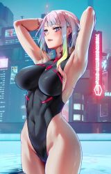 Rule 34 | 1girl, animated, aqua hair, armpits, arms behind back, arms up, bare shoulders, black one-piece swimsuit, breasts, city, competition swimsuit, covered navel, cowboy shot, cyberpunk (series), cyberpunk edgerunners, cyborg, eyelashes, eyeliner, feet out of frame, female focus, foxyreine, gradient hair, highleg, highleg swimsuit, large breasts, live2d, long hair, looking at viewer, lowres, lucy (cyberpunk), makeup, multicolored hair, neon lights, one-piece swimsuit, outdoors, parted lips, pink eyes, pink hair, rainbow hair, shiny skin, short hair with long locks, sideboob, skin tight, solo, standing, swimsuit, thighs, video