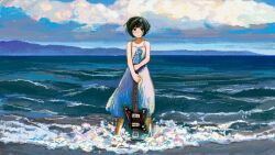Rule 34 | 1girl, :|, bare shoulders, black hair, blue eyes, blue sky, blush, closed mouth, cloud, cloudy sky, day, dress, electric guitar, full body, guitar, highres, holding, holding instrument, horizon, in water, instrument, long dress, looking at viewer, ocean, original, outdoors, short hair, sky, sleeveless, sleeveless dress, solo, straight-on, water, white dress, zenroziura