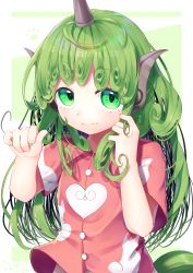 Rule 34 | 1girl, absurdres, commentary request, curly hair, dress shirt, fang, fang out, green background, green eyes, green hair, gunjou row, highres, horns, komano aunn, long hair, paw print, paw print background, shirt, short sleeves, simple background, single horn, smile, tail, touhou, white background, wing collar