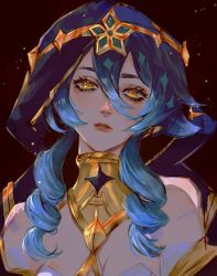 Rule 34 | 1girl, blue hair, blue hood, chikoo (blubuttery), commentary, drill hair, drill sidelocks, english commentary, genshin impact, gold choker, gradient hair, layla (genshin impact), lips, long hair, looking at viewer, multicolored hair, sidelocks, solo, yellow eyes